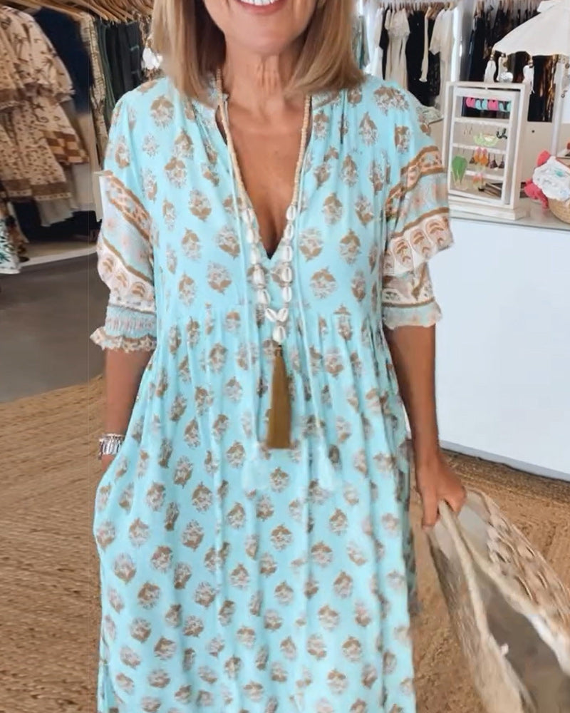 Sienny - Casual Printed V-neck Half Sleeve Dress